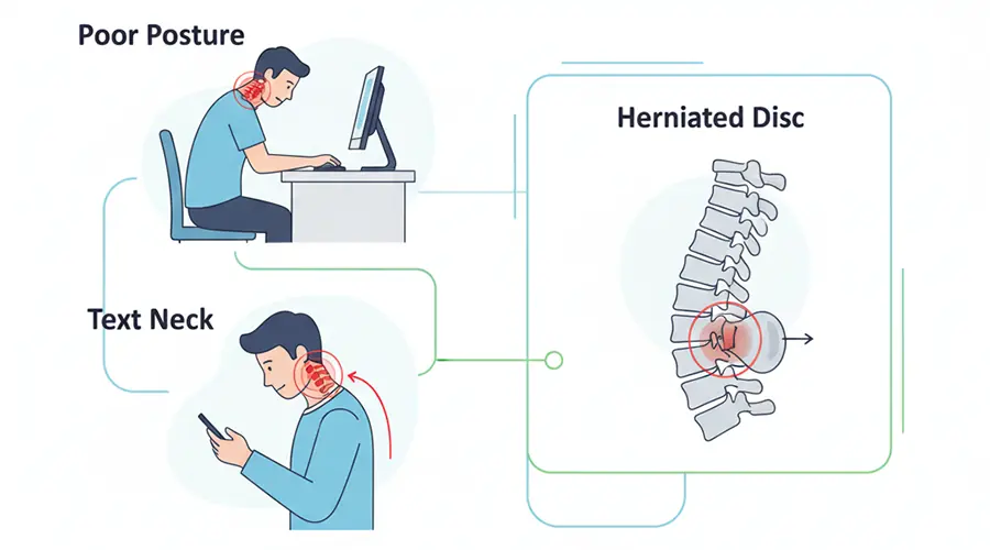 An infographic illustrating the common causes of neck pain, showing examples of poor posture at a desk, text neck from smartphone use, and a diagram of a cervical disc issue.