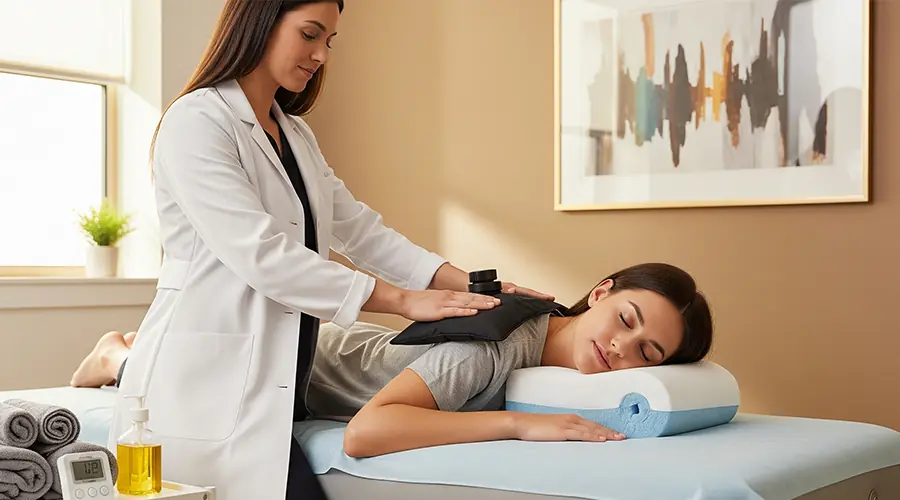 A therapist applies a therapeutic hot pack to a relaxed patient's shoulder and neck area in a professional clinic setting