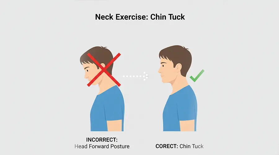 A clear, instructional image demonstrating the correct form for the chin tuck neck exercise, guided by a physiotherapist.