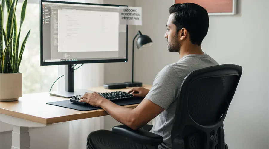 An individual demonstrating correct posture while sitting at an ergonomic workstation, with the computer monitor at eye level and a supportive chair, to prevent neck pain