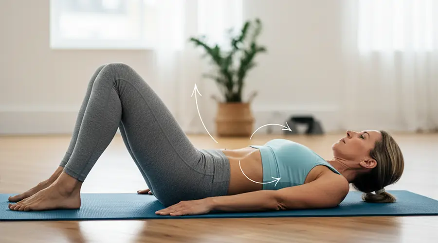 Alt Text: A person lying on their back with knees bent and feet flat on the floor, gently pressing their lower back into the ground while tightening abdominal muscles.