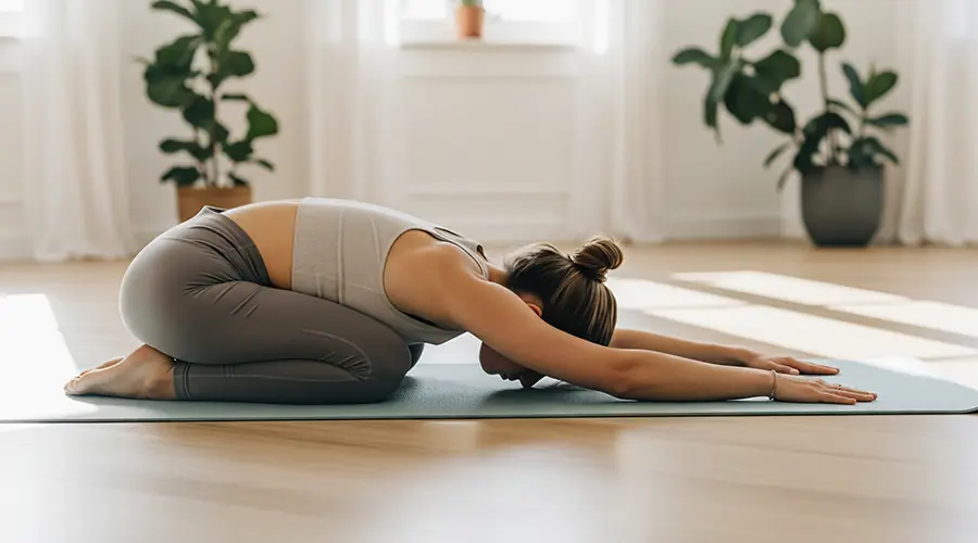 A person performing the Child's Pose stretch by kneeling on a mat, lowering their hips to their heels, and extending their arms forward to gently stretch their back.