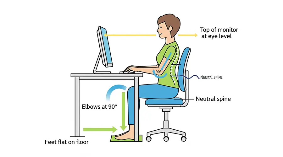 An illustration showing the correct ergonomic sitting posture at a desk, with the spine aligned, feet flat on the floor, and monitor at eye level to prevent back pain.