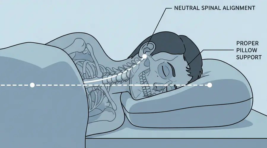 A detailed cutaway illustration showing a person sleeping on their side. A proper pillow is positioned under their head and neck, perfectly filling the space between their head and shoulder. A prominent straight white dashed line extends from the person's ear, through their neck, and along their upper spine, demonstrating a perfectly neutral and straight spinal alignment. The illustration emphasizes how the correct pillow supports the head and neck to maintain this crucial alignment, preventing strain on the cervical and upper thoracic spine.