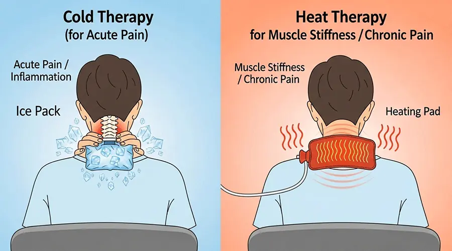 A two-panel comparative illustration showing physical therapy application for neck pain. The left side (blue) depicts the use of an Ice Pack (Cold Therapy) on the back of the neck to relieve Acute Pain and Inflammation. The right side (orange) shows the use of a Heating Pad (Heat Therapy) on the neck and upper shoulders to soothe Muscle Stiffness and Chronic Pain. The image serves as a visual guide for the appropriate use of heat and cold.