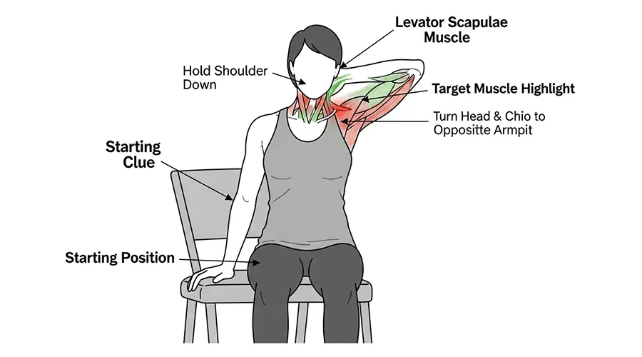 An illustration demonstrating the seated Levator Scapulae muscle stretch. The subject is shown sitting on a chair. The left hand is firmly placed on the thigh or seat ("Starting Position") to anchor the shoulder down ("Hold Shoulder Down"). The right hand gently guides the head to turn and tilt diagonally toward the opposite armpit ("Turn Head & Chin to Opposite Armpit"). The Levator Scapulae muscle is highlighted with color to emphasize the target of the stretch.