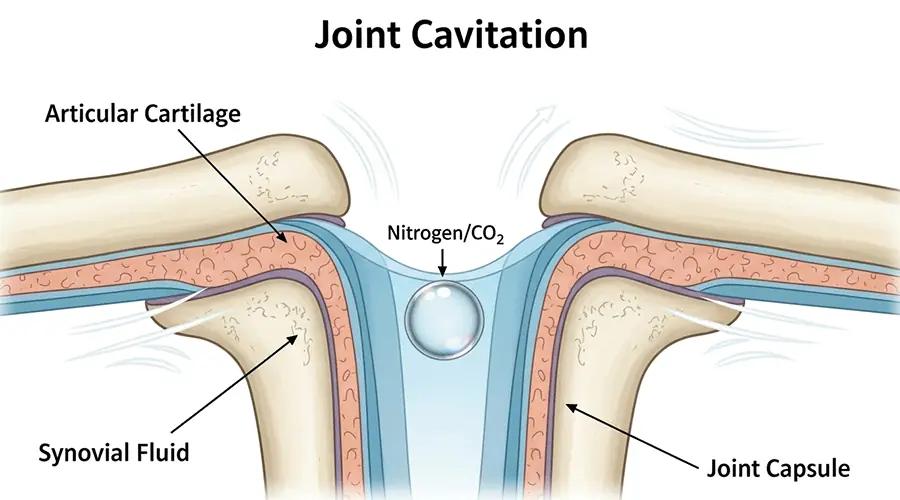 Diagram showing the mechanism of joint cavitation, illustrating gas bubble formation (pop sound) in the synovial fluid of a joint capsule due to rapid pressure drop.