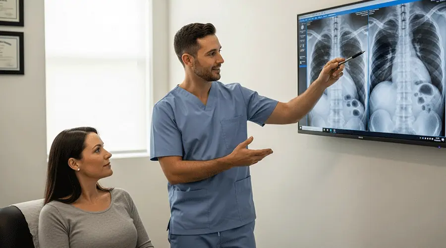 A chiropractor reviewing digital spinal X-rays on a monitor with the patient, discussing the diagnosis and personalized treatment plan in a professional clinic setting.