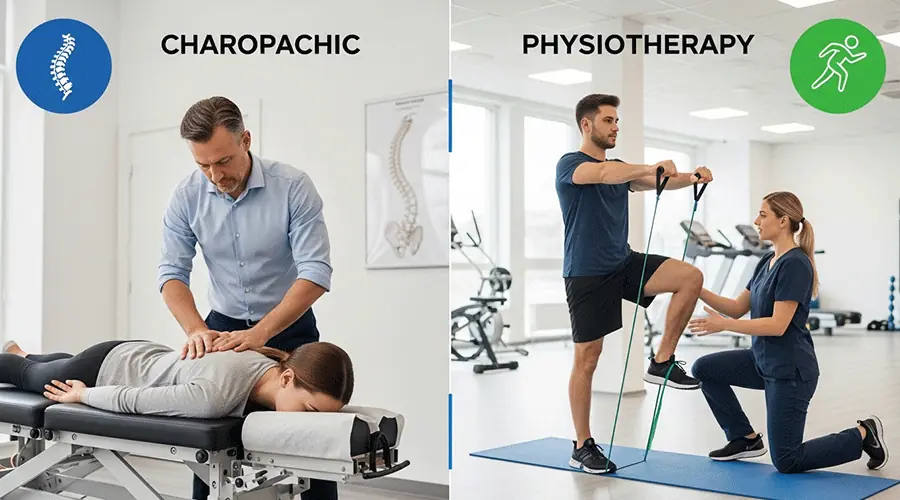 Visual comparison diagram showing chiropractic (manual adjustment focus) versus physiotherapy (exercise and rehabilitation focus) for musculoskeletal treatment.