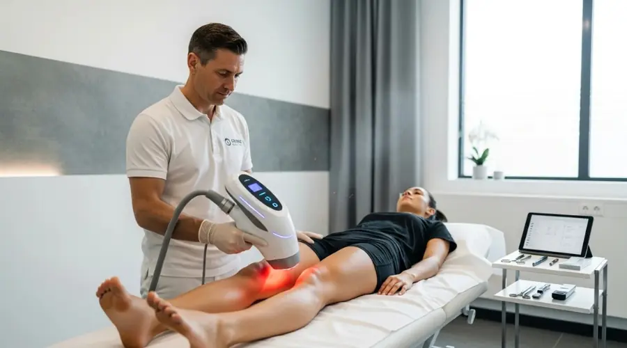Using an advanced laser therapy device by a sports physiotherapist