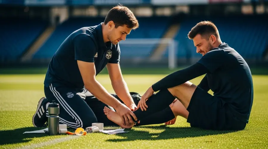 A sports physiotherapist helping an injured player