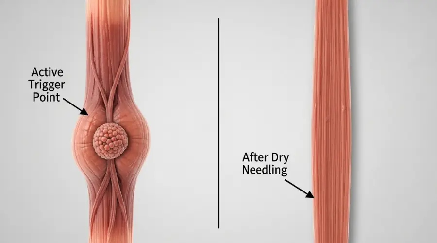 Muscle fibers before and after dry needling, showing trigger point relief and migraine link.