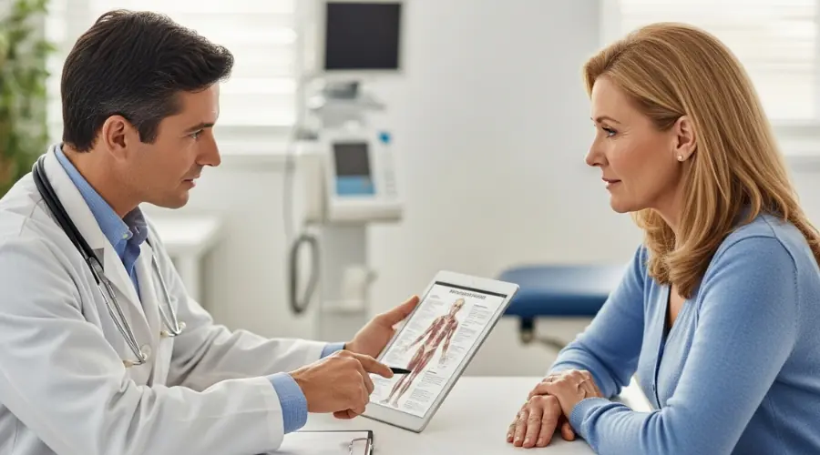 Doctor and patient discussing migraine risks and dry needling treatment plan.