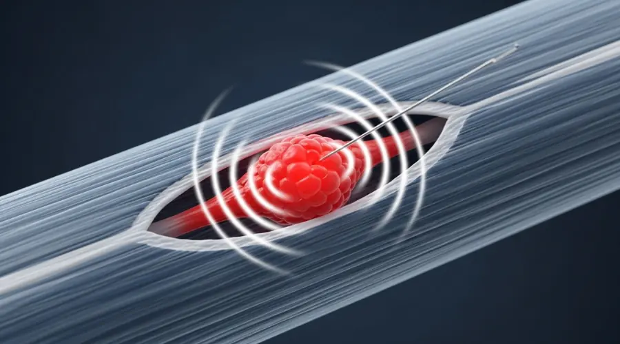 Conceptual graphic showing a muscle trigger point being released by a needle.