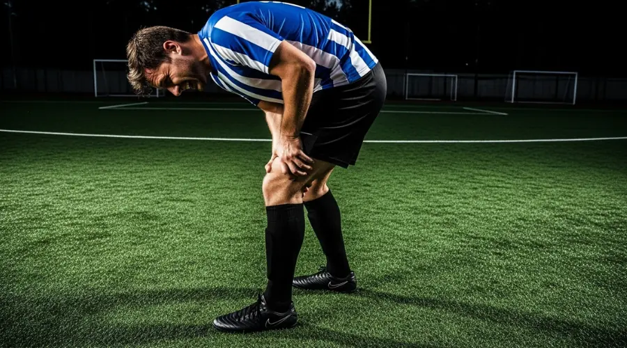 Professional football player holding his leg after sustaining a hamstring injury.