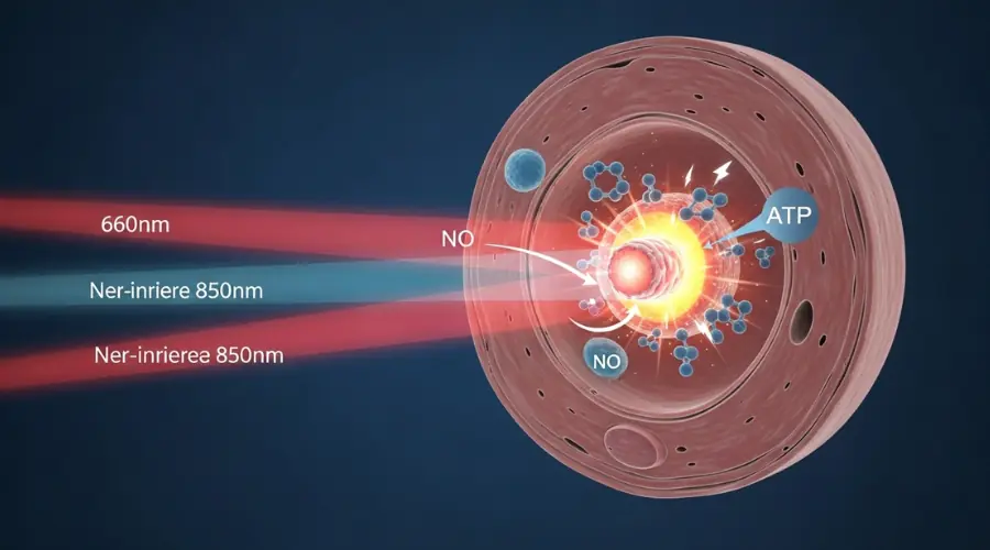 Illustration showing red light penetrating a cell to stimulate mitochondria and boost ATP energy production.