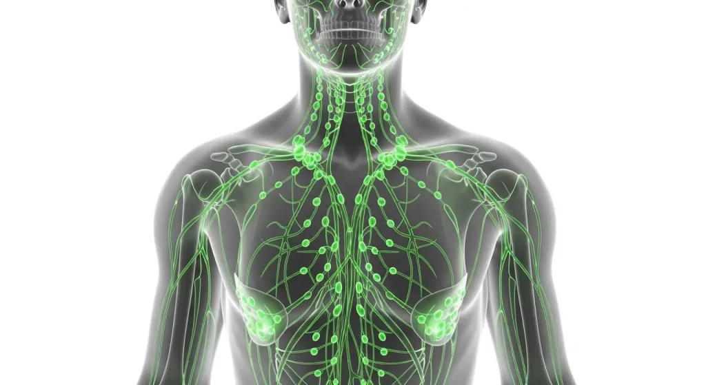 Diagram of the human lymphatic system showing vessels and nodes.