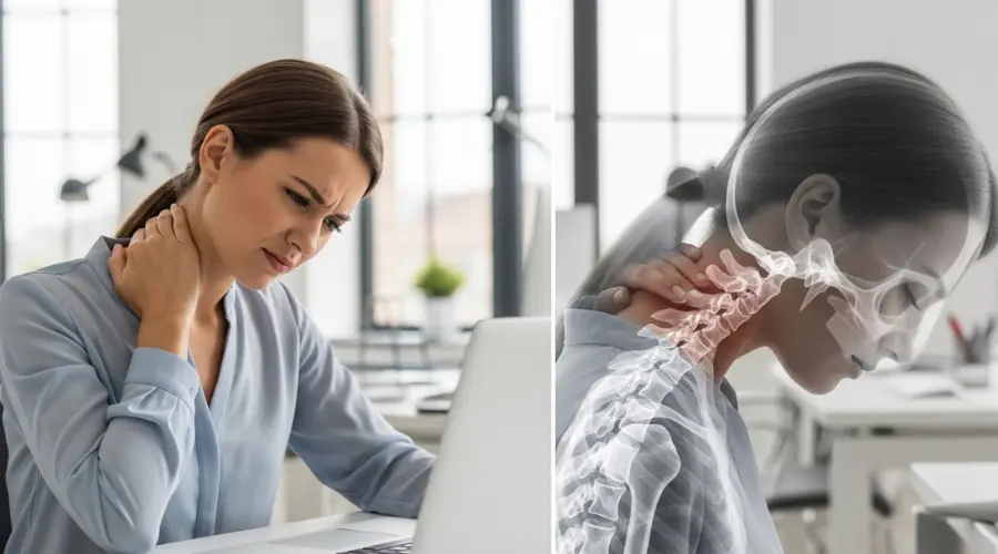 Office worker suffering from neck pain and muscle tension due to desk job