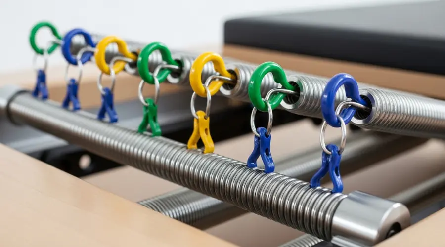 Close up of reformer pilates springs showing variable resistance levels.