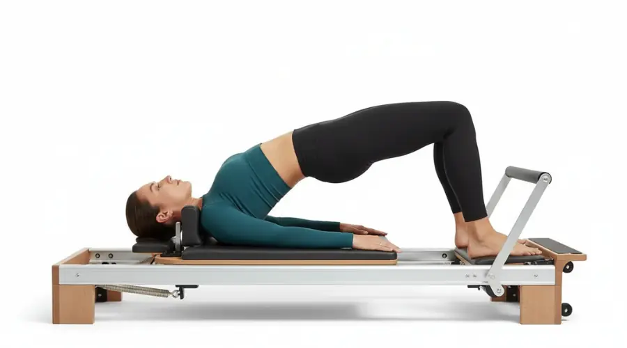 Reformer pilates bridging exercise to strengthen glutes and reduce back pain.
