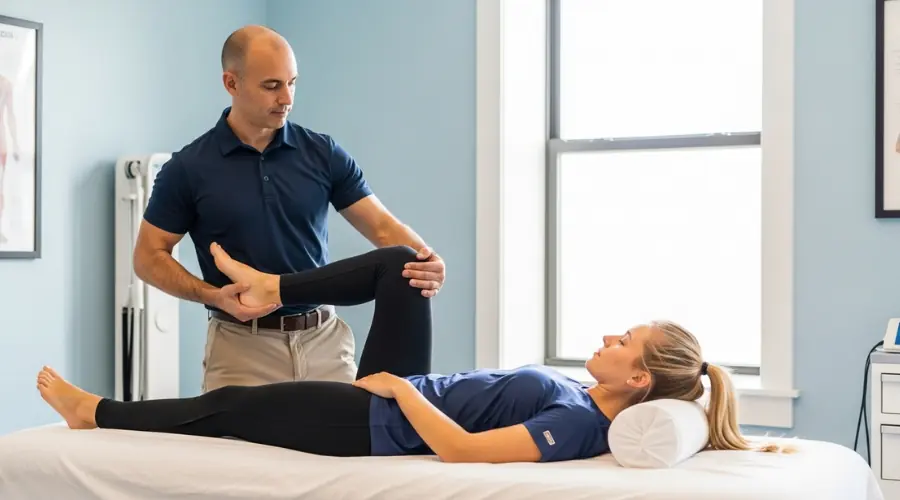 Professional therapist performing sports massage on shoulder in a clinical setting