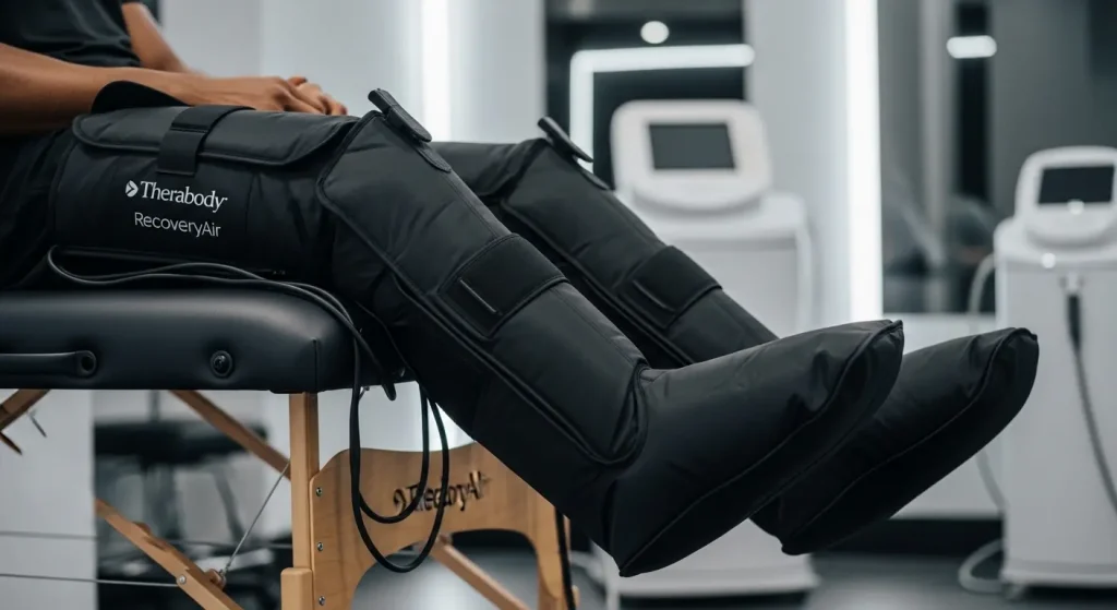 Athlete using Therabody RecoveryAir compression boots for sports recovery.