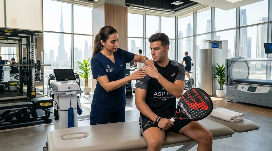 Advanced padel injury rehabilitation and sports medicine clinic in Dubai, featuring a physiotherapist treating a player