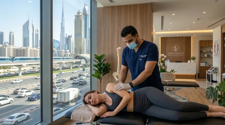 A professional chiropractor performing a spinal adjustment on a patient inside Beyond Rehab clinic with a view of Sheikh Zayed Road, Dubai in the background.