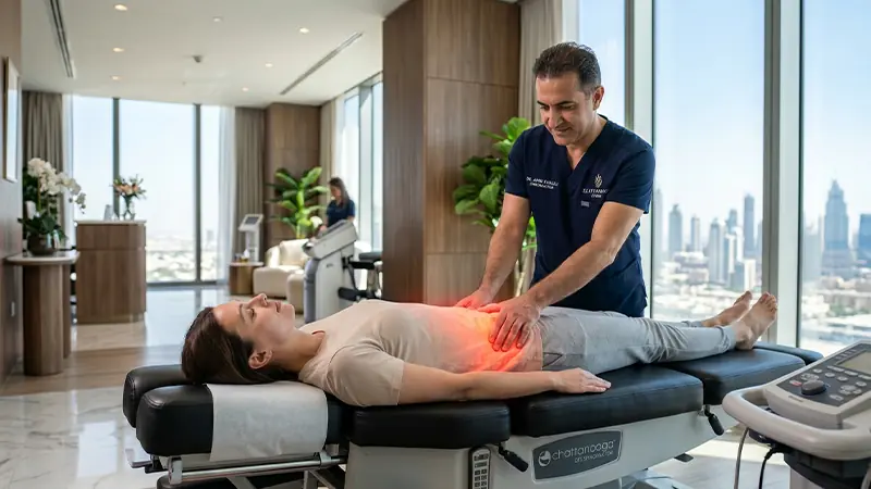 Professional male chiropractor performing spinal decompression and red light therapy on a patient in a luxury Dubai clinic