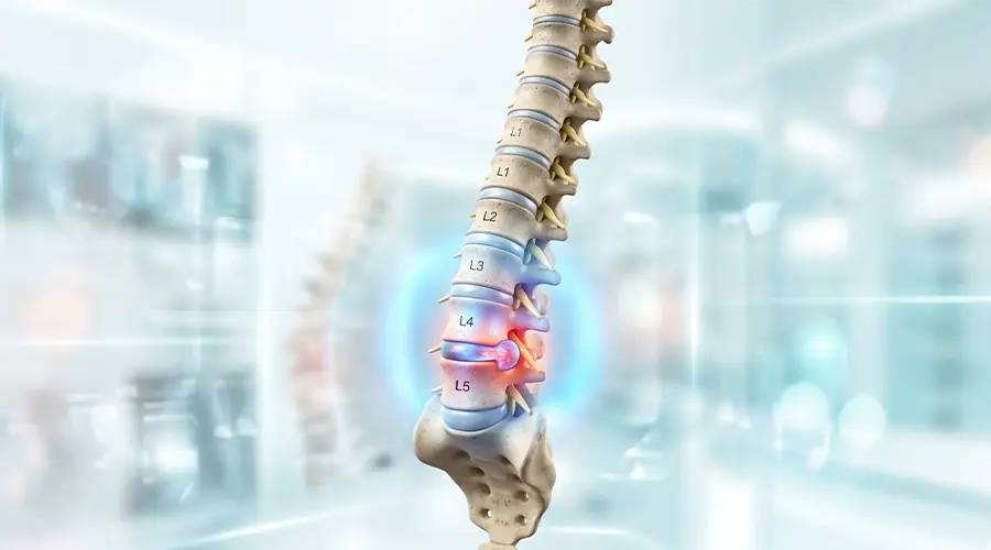 A realistic 3D medical illustration of a human spine highlighting a herniated disc in the lumbar region with a glowing red and blue effect against a modern clinical background.
