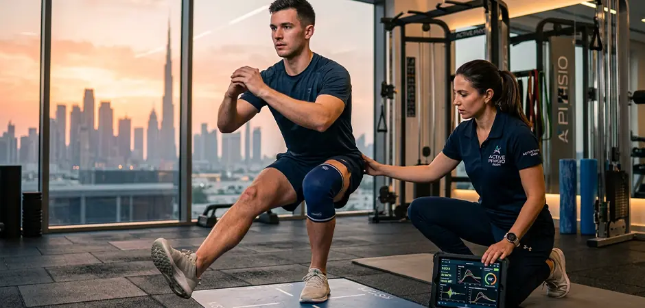 Physiotherapist guiding an athlete through a squat exercise after ACL surgery in a modern Dubai clinic with the Burj Khalifa in the background.