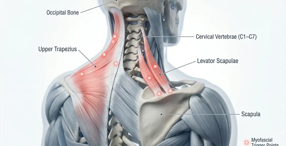 Anatomical illustration showing myofascial trigger points in the upper trapezius and levator scapulae neck muscles.