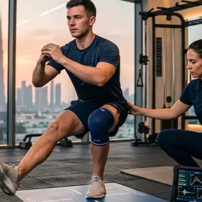 Physiotherapist guiding an athlete through a squat exercise after ACL surgery in a modern Dubai clinic with the Burj Khalifa in the background.