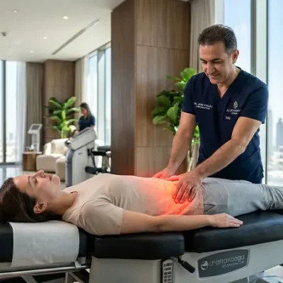 Professional male chiropractor performing spinal decompression and red light therapy on a patient in a luxury Dubai clinic