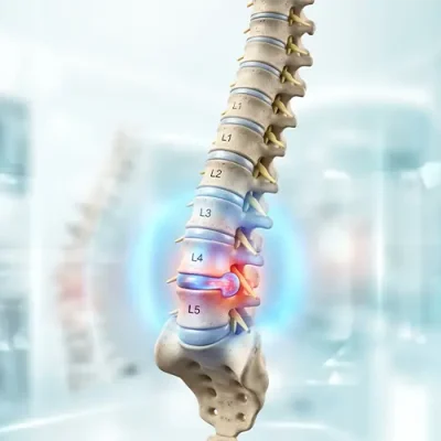 A realistic 3D medical illustration of a human spine highlighting a herniated disc in the lumbar region with a glowing red and blue effect against a modern clinical background.