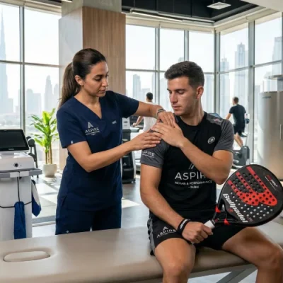 Advanced padel injury rehabilitation and sports medicine clinic in Dubai, featuring a physiotherapist treating a player