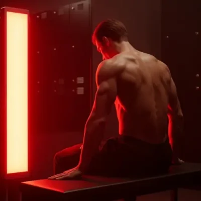 Split image showing red light therapy usage before workout for priming and after workout for recovery.