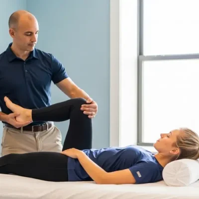 Professional therapist performing sports massage on shoulder in a clinical setting