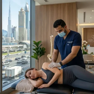A professional chiropractor performing a spinal adjustment on a patient inside Beyond Rehab clinic with a view of Sheikh Zayed Road, Dubai in the background.